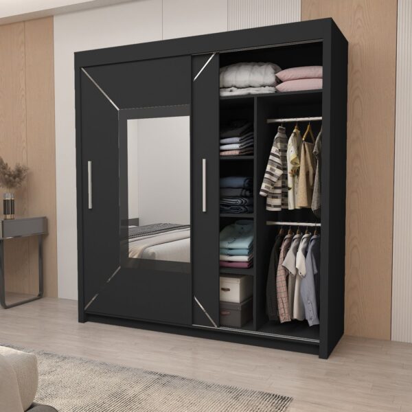 Venice Black 2-Door Sliding Mirror Wardrobe open one sliding door