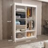 Open Lyon Mirrored Bedroom wardrobe with cabins and shelves and Dimensions 216CM height and 203CM width with clothes