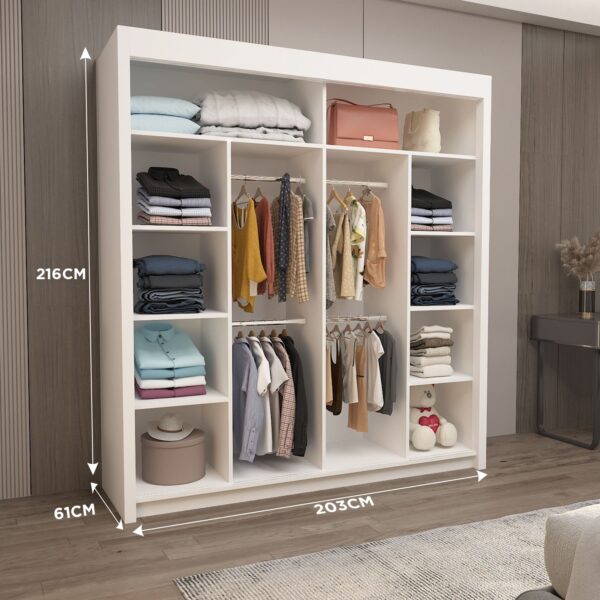 Open Lyon Mirrored Bedroom wardrobe with cabins and shelves and Dimensions 216CM height and 203CM width