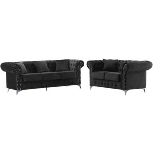 Chesterfield Black Plush Velvet 3+2 Seater Sofa Set