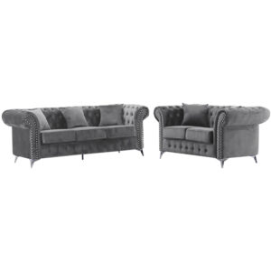 Chesterfield Grey Plush Velvet 3+2 Seater Sofa