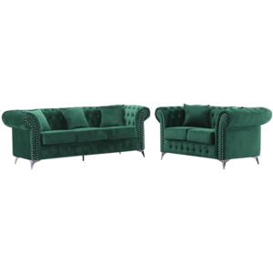 Chesterfield Green Plush Velvet 3+2 Seater Sofa