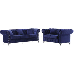 Chesterfield Blue Plush Velvet Sofa Set - 3+2 Seater